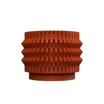 Pot décoratif Alio en plastique orange avec surface texturée en relief géométrique et forme cylindrique aplatie.