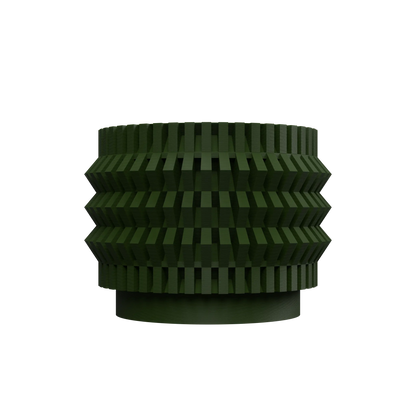 Pot décoratif vert foncé en plastique avec surface texturée en relief et striations horizontales, forme cylindrique évasée.