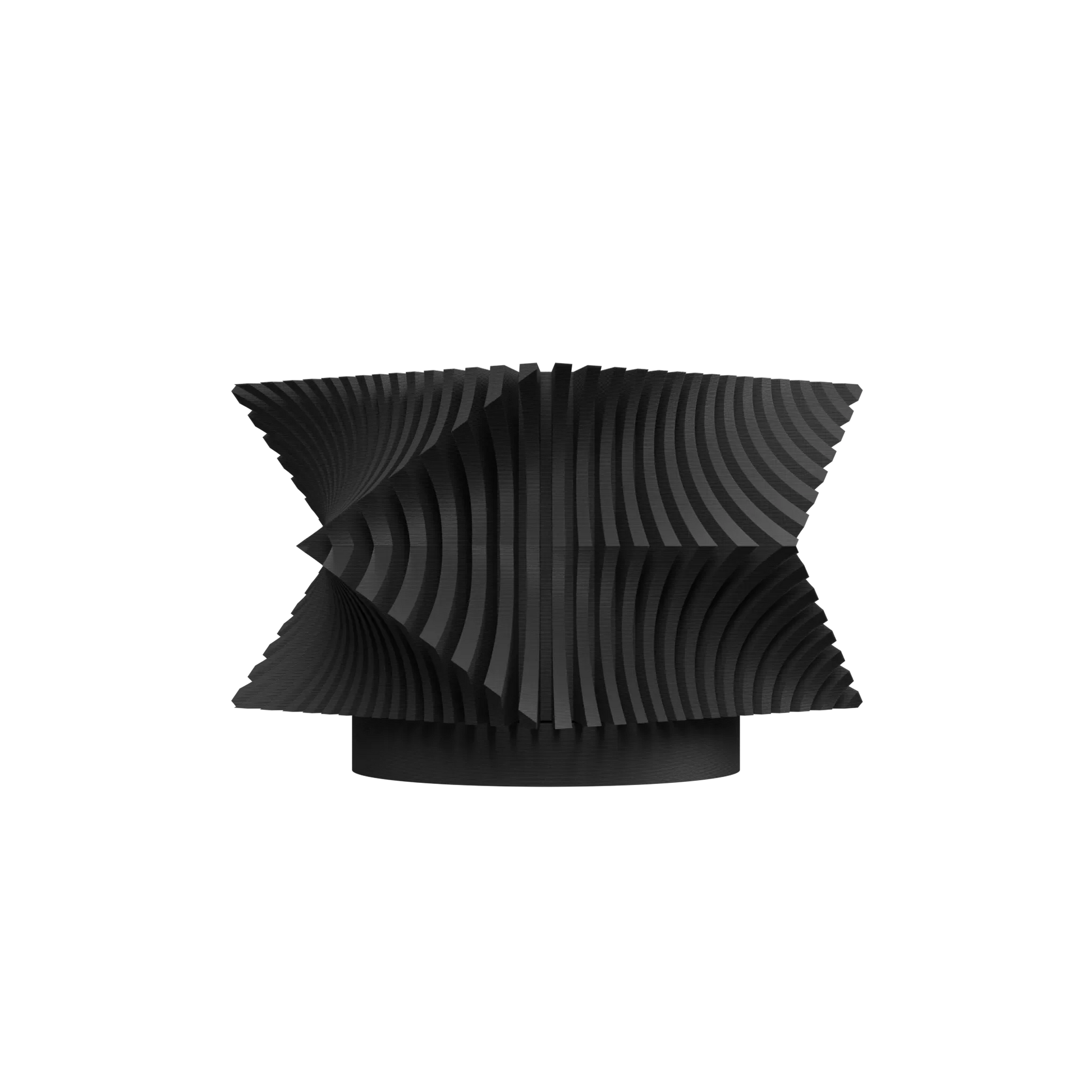 Pot décoratif noir en matériaux modernes avec surface ondulée en relief et forme cylindrique légèrement évasée.