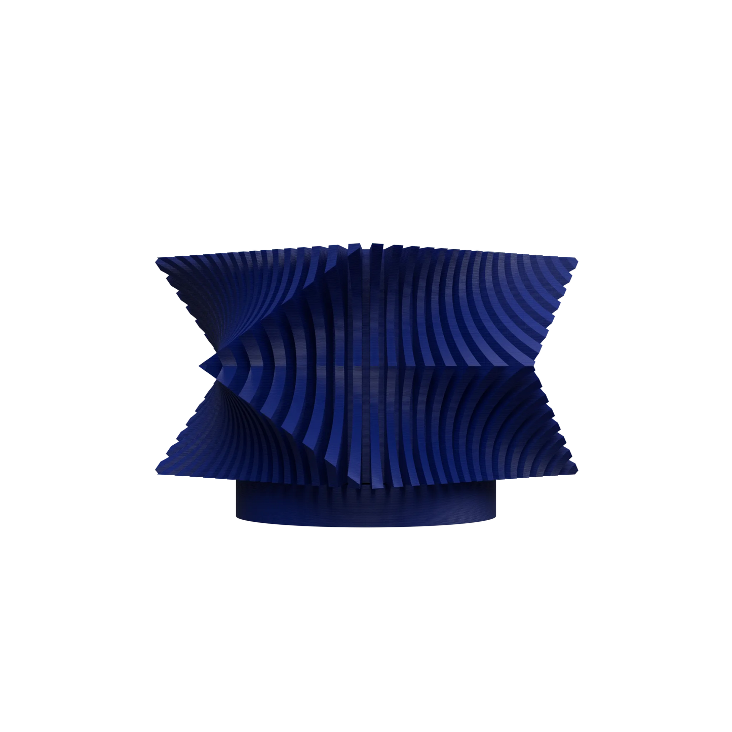 Pot décoratif bleu marine avec design moderne en spirale composée de lamelles verticales incurvées.