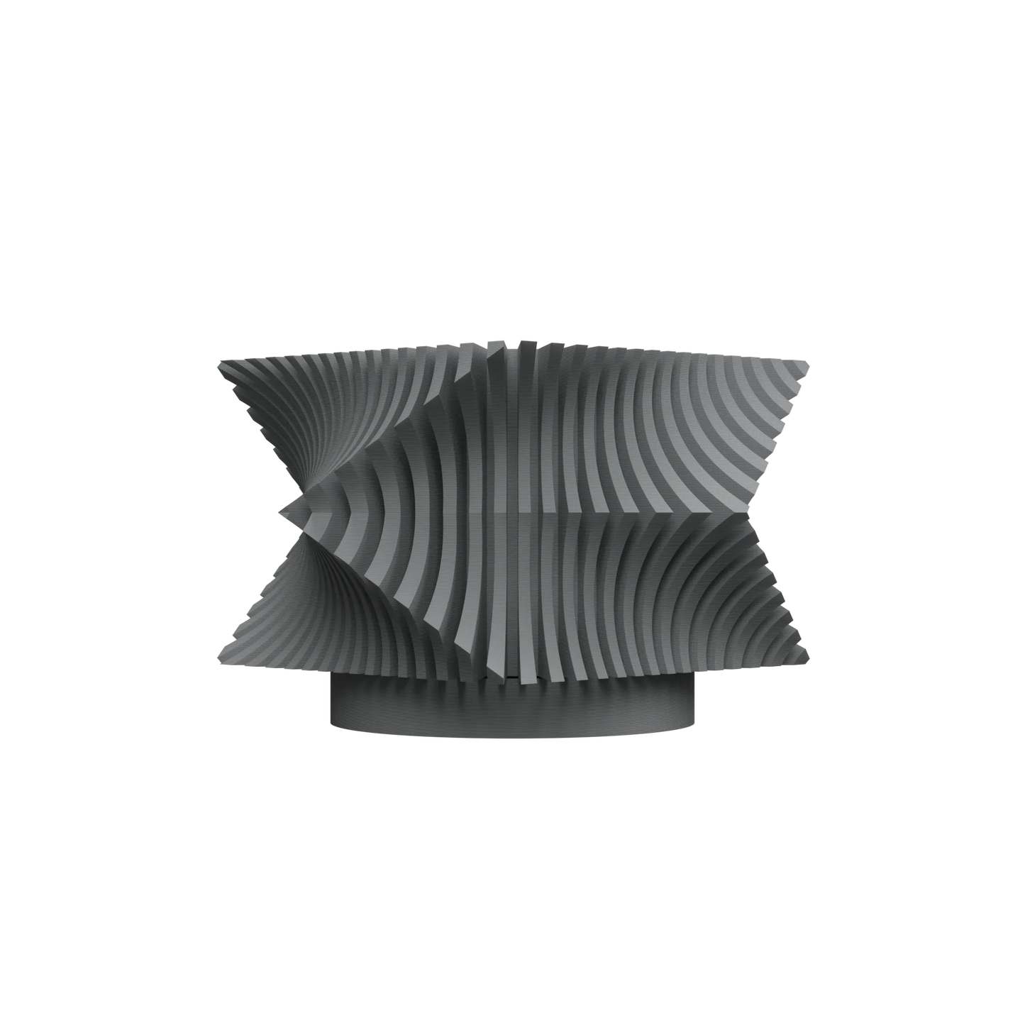 Pot décoratif gris foncé avec surface ondulée en relief formant un motif spiralé moderne et texturé.