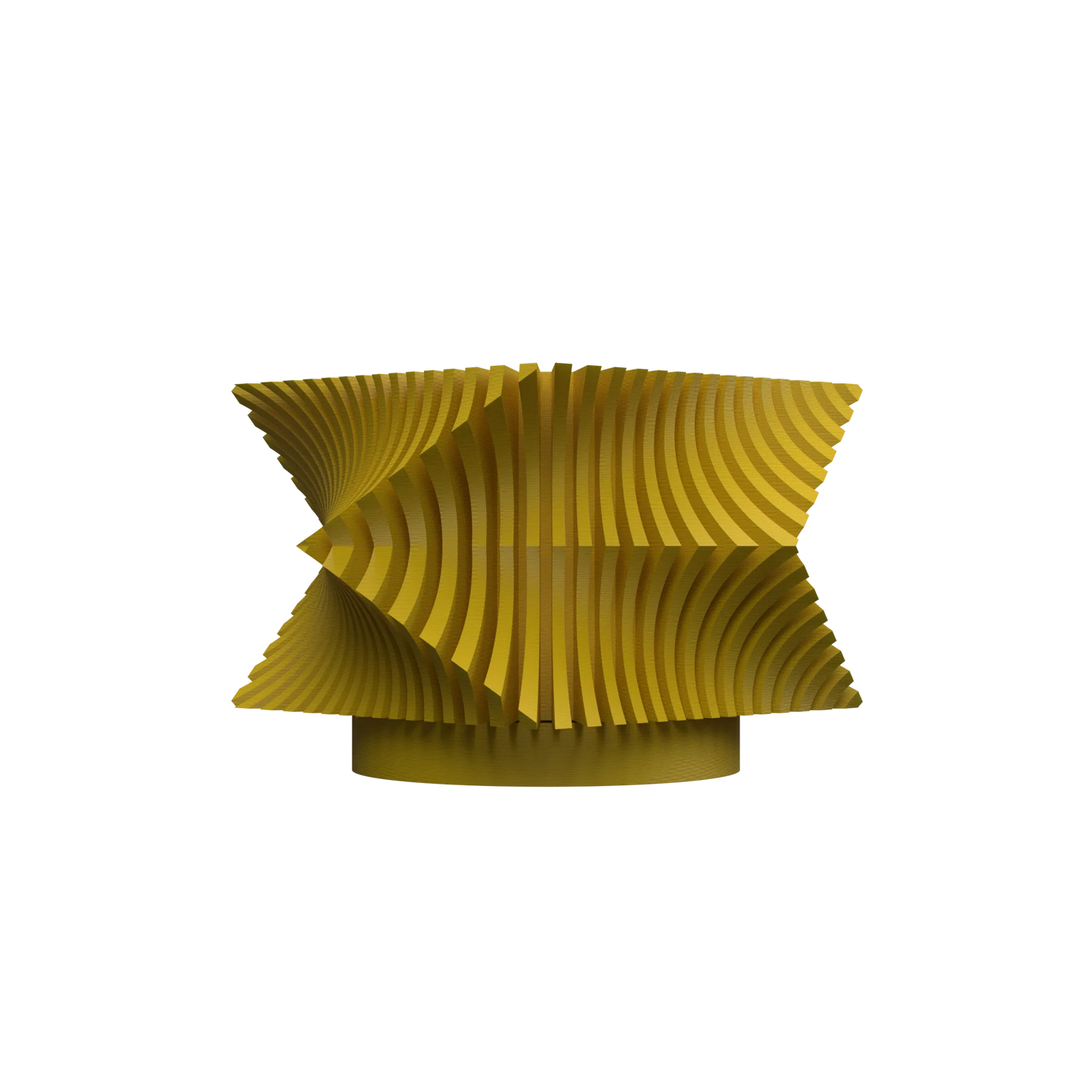 Pot décoratif jaune vif en forme sculpturale avec ondulations en relief, style moderne et dynamique.