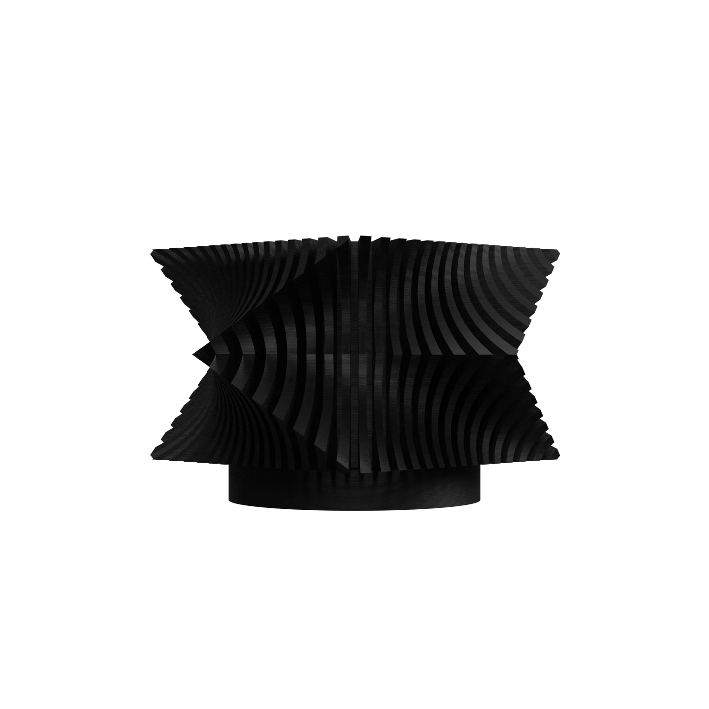 Pot décoratif noir mat en résine avec surface ondulée et forme géométrique sculpturale moderne.