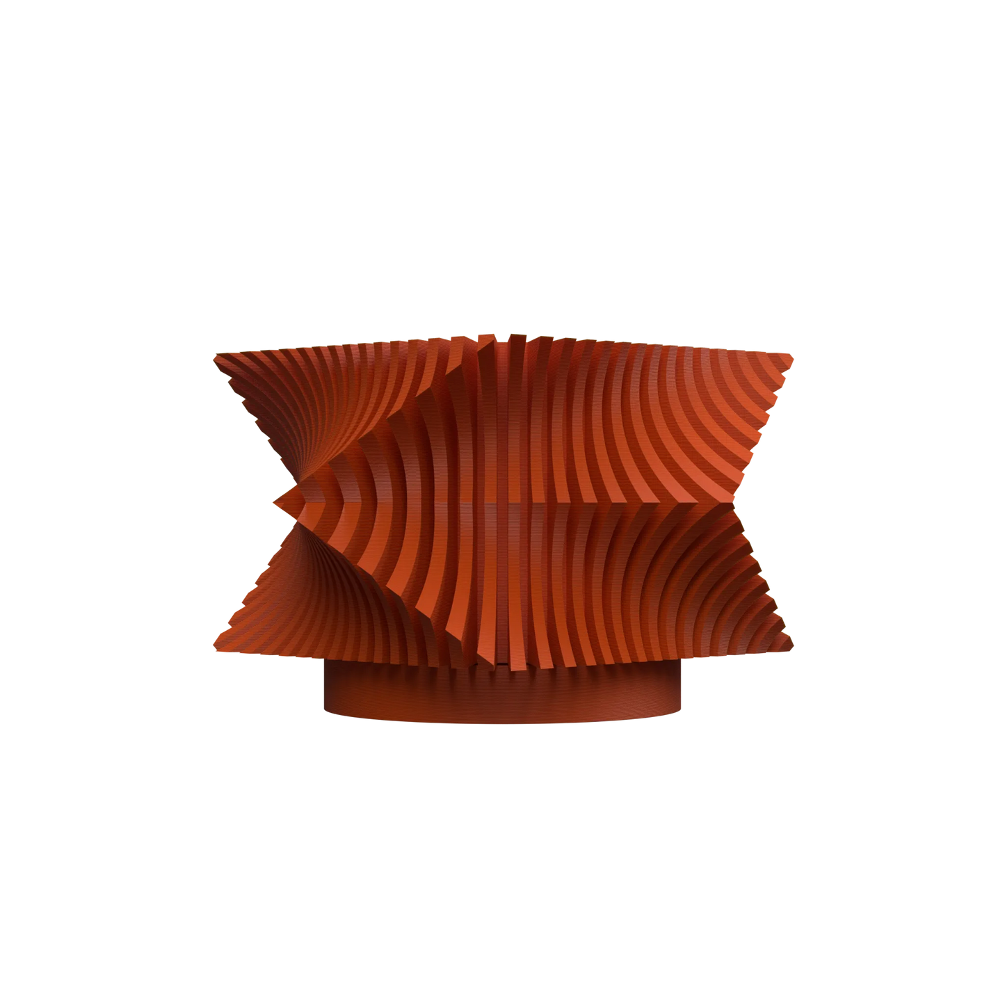 Pot décoratif orange en plastique moderne à surface ondulée et forme sculpturale asymétrique.