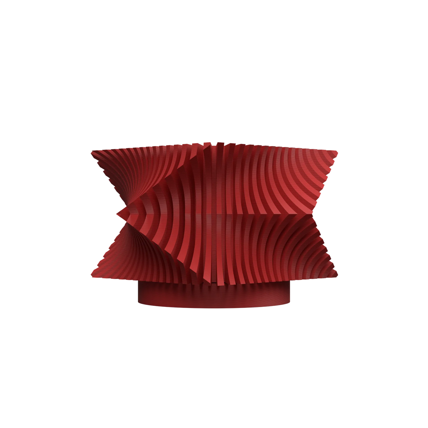 Pot décoratif moderne rouge en métal ondulé avec structure torsadée et forme cylindrique éclatée.