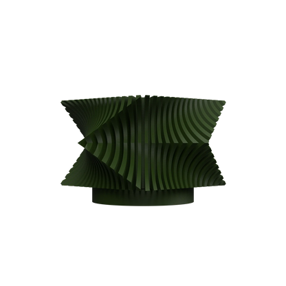 Pot décoratif moderne vert foncé en forme ondulée avec rainures horizontales uniformes, aspect texturé en plastique.