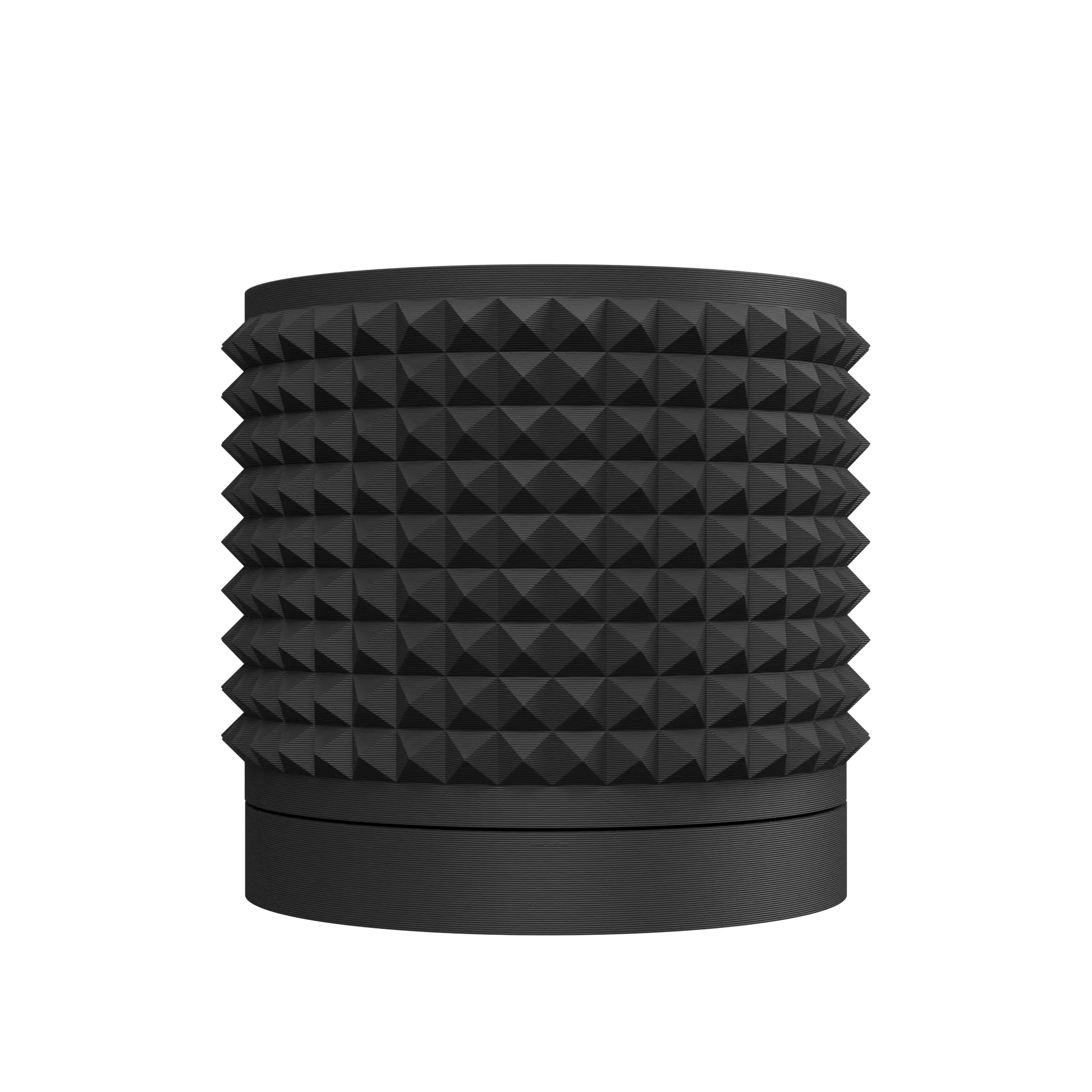 Pot décoratif noir mat avec texture pyramide en relief, forme cylindrique compacte, base lisse.
