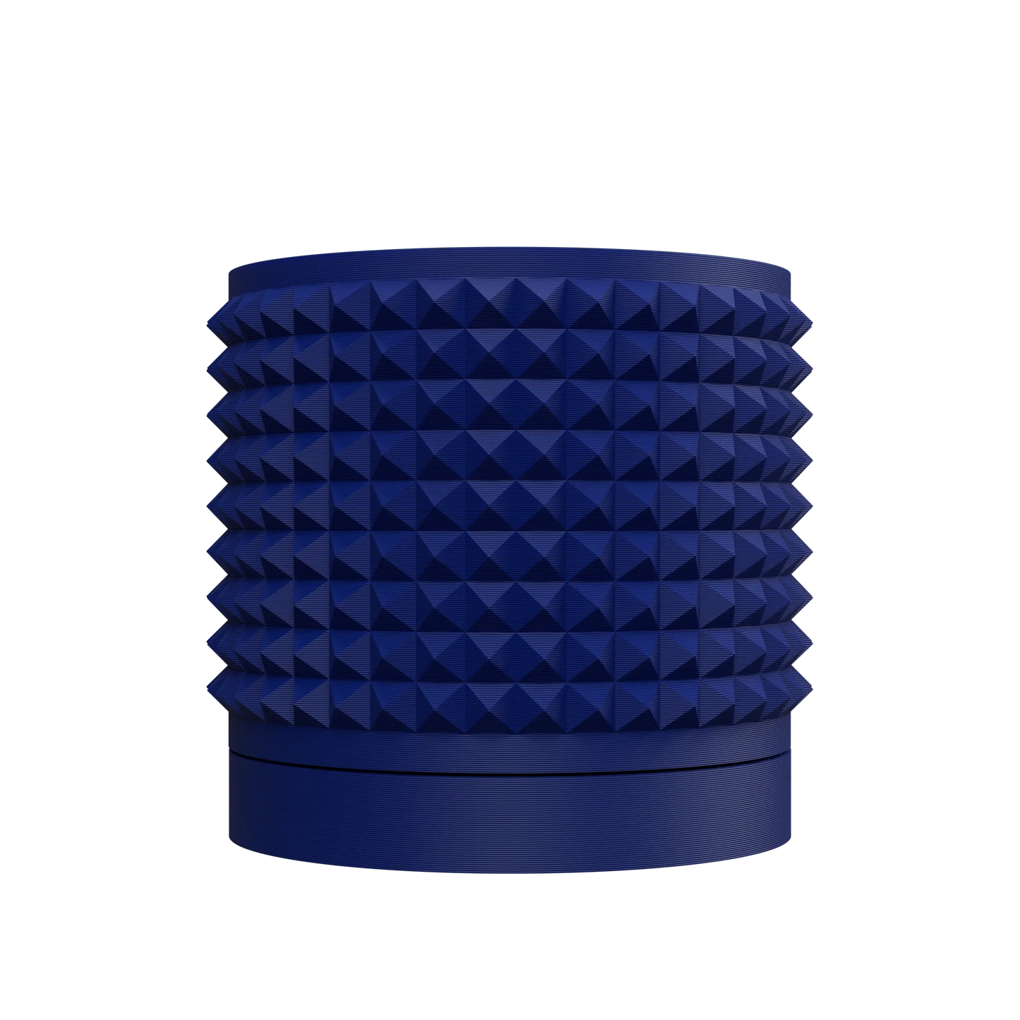 Pot décoratif cylindrique bleu marine avec surface en relief de petits pyramides uniformes, base lisse et large.