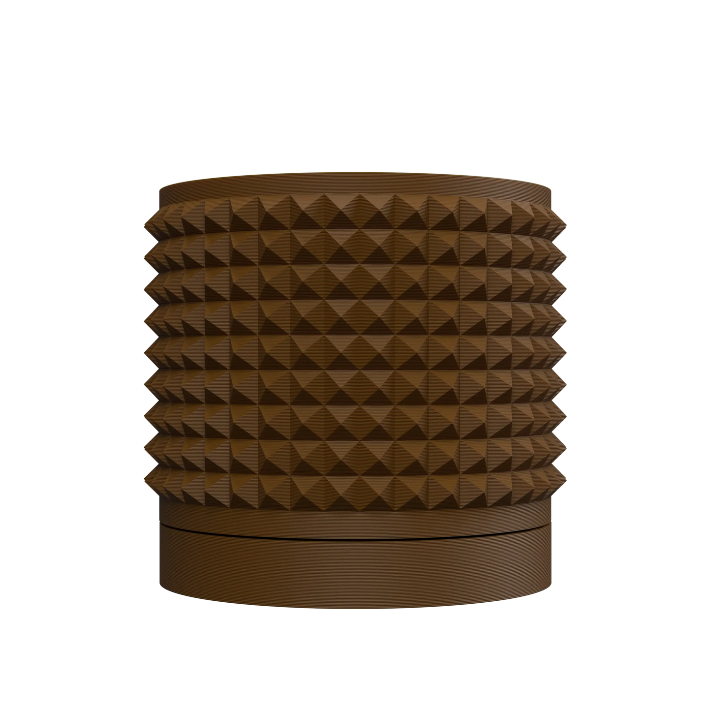 Pot décoratif cylindrique marron foncé avec surface texturée à motifs triangulaires en relief, base lisse et large.