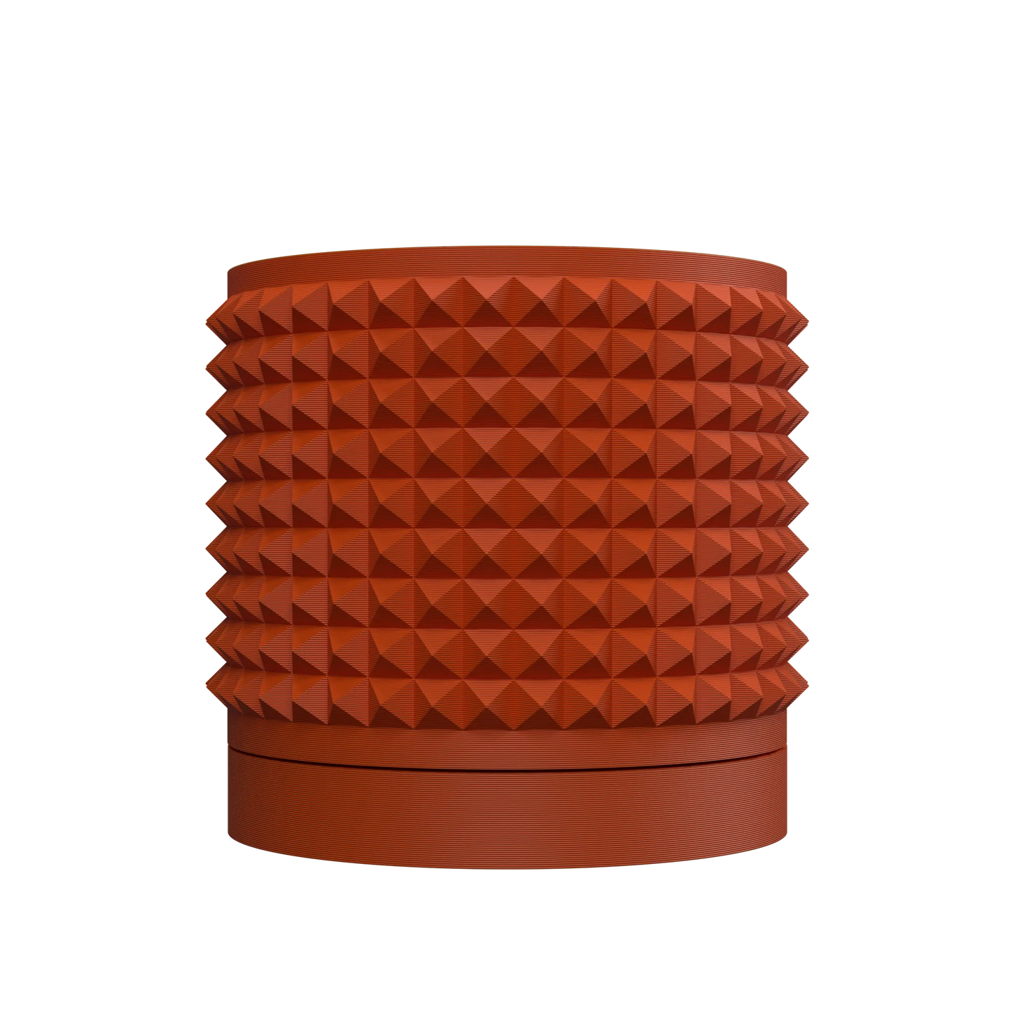 Pot décoratif cylindrique rouge brique avec surface texturée en pyramides régulières, base lisse et épaisse.