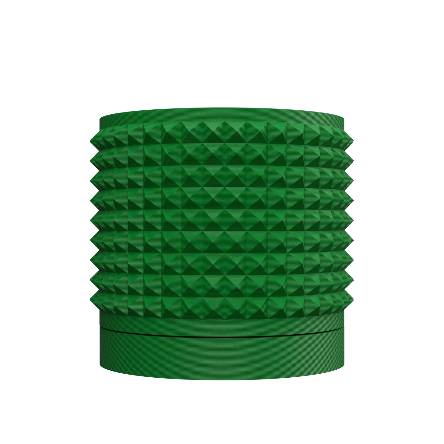 Pot décoratif cylindrique vert avec surface texturée en petits pyramides régulières, base lisse et ronde.