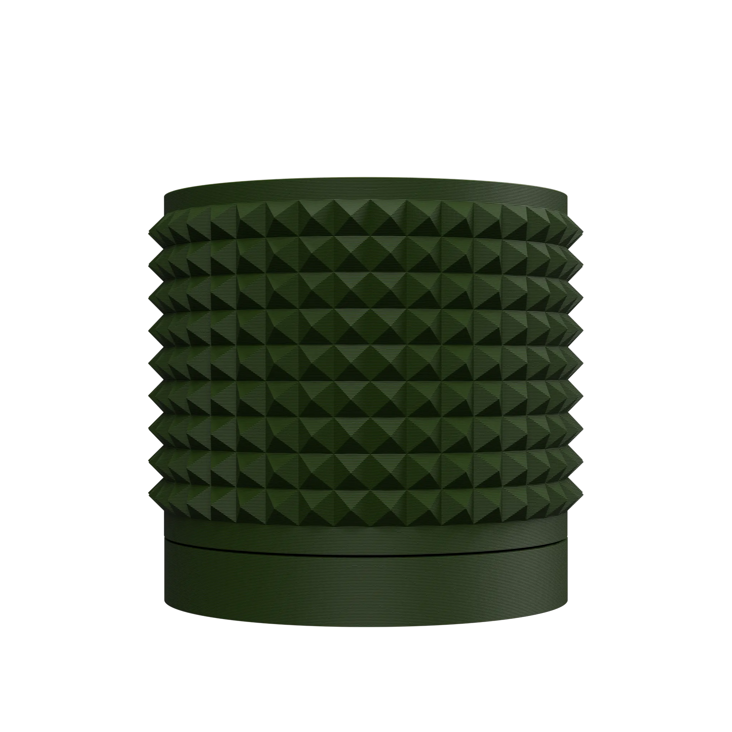 Pot décoratif vert foncé en matériau mat avec surface texturée de pyramides régulières, base lisse et ronde.