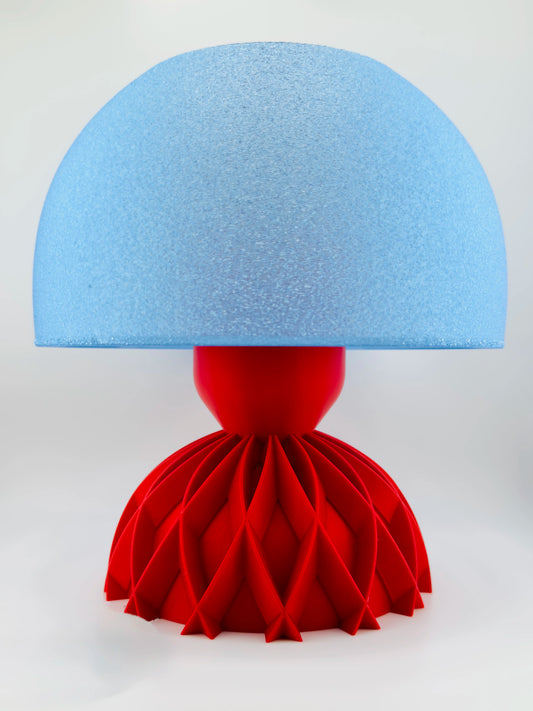 Lampe Arkan – lampe de table design personnalisable - Lampe de table rouge sculpturale avec abat-jour bleu translucide texturé, design contemporain géométrique et organique. - Vert foncé / Translucide lisse