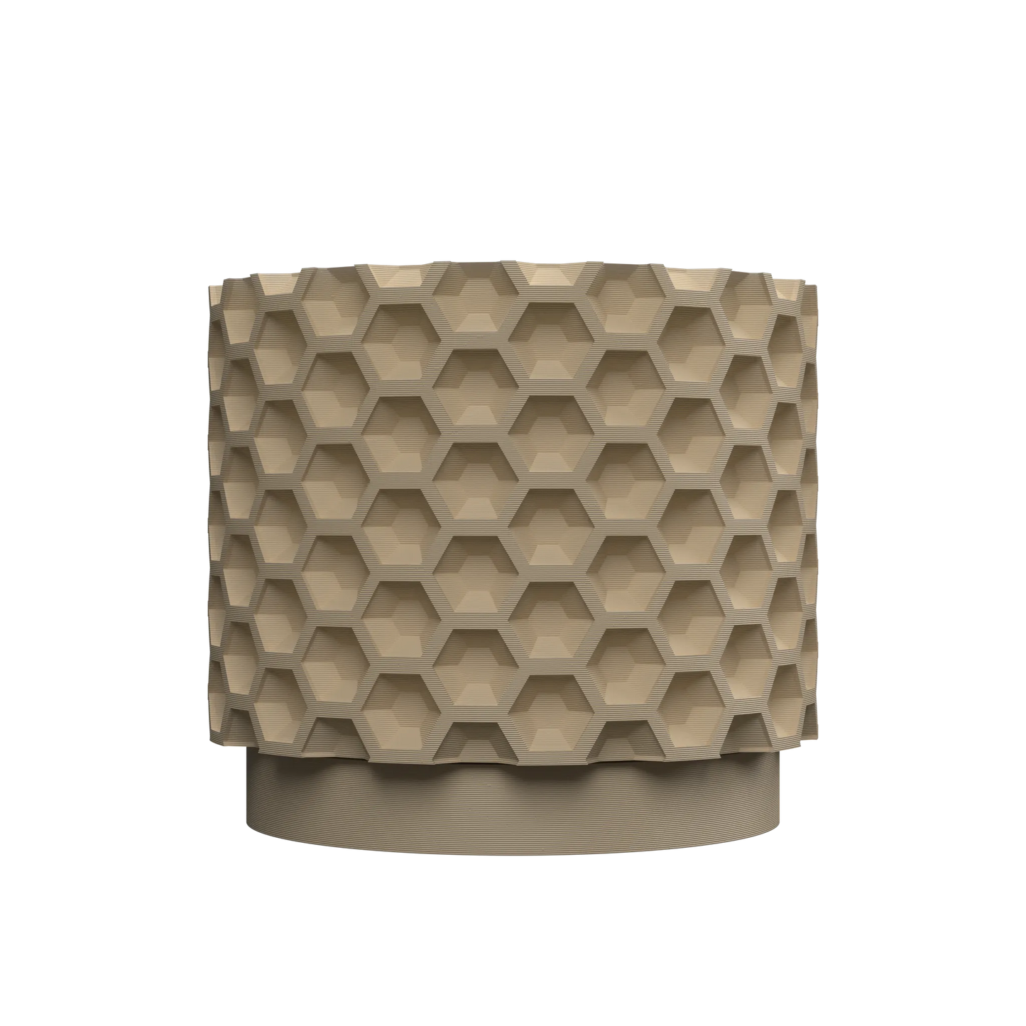 Pot décoratif beige avec texture géométrique en relief hexagonal, base lisse et ronde, style moderne.