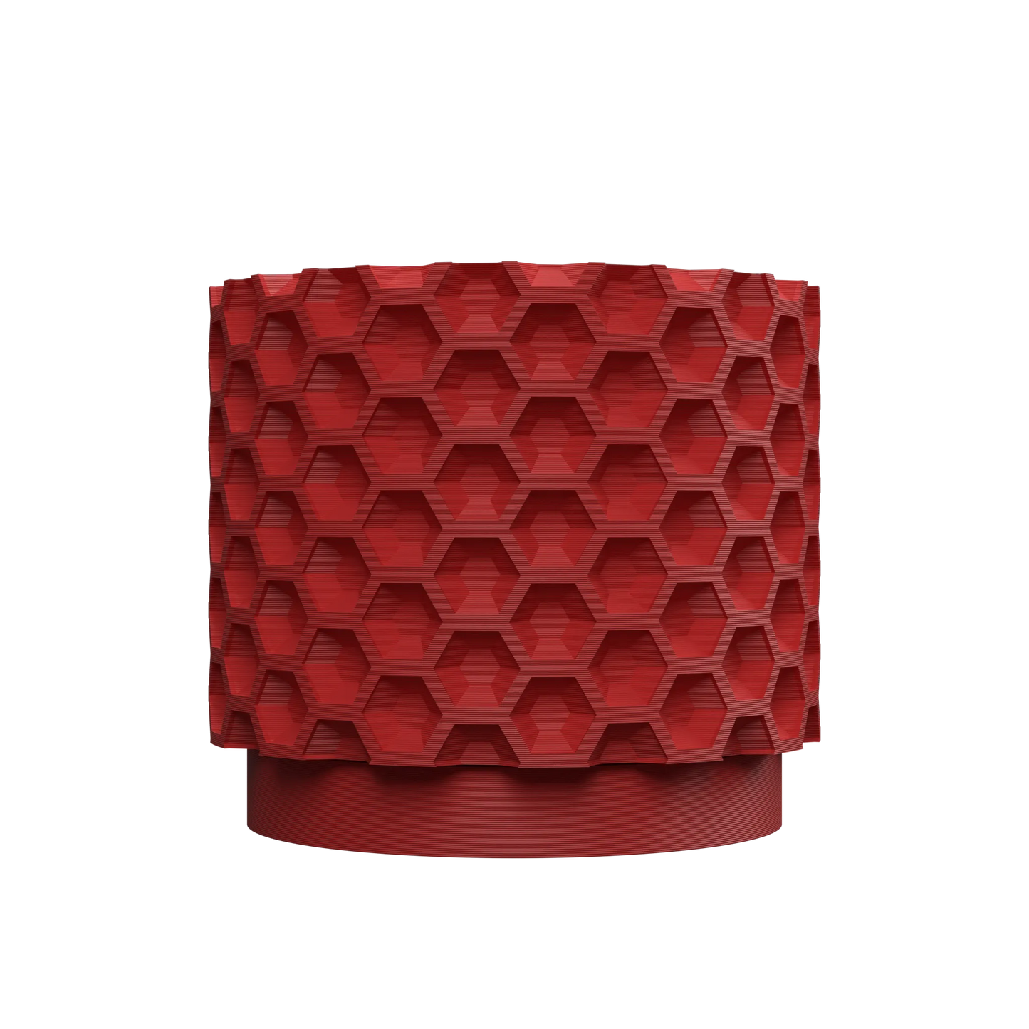 Pot décoratif rouge foncé avec motif hexagonal en relief sur toute la surface, forme cylindrique moderne.