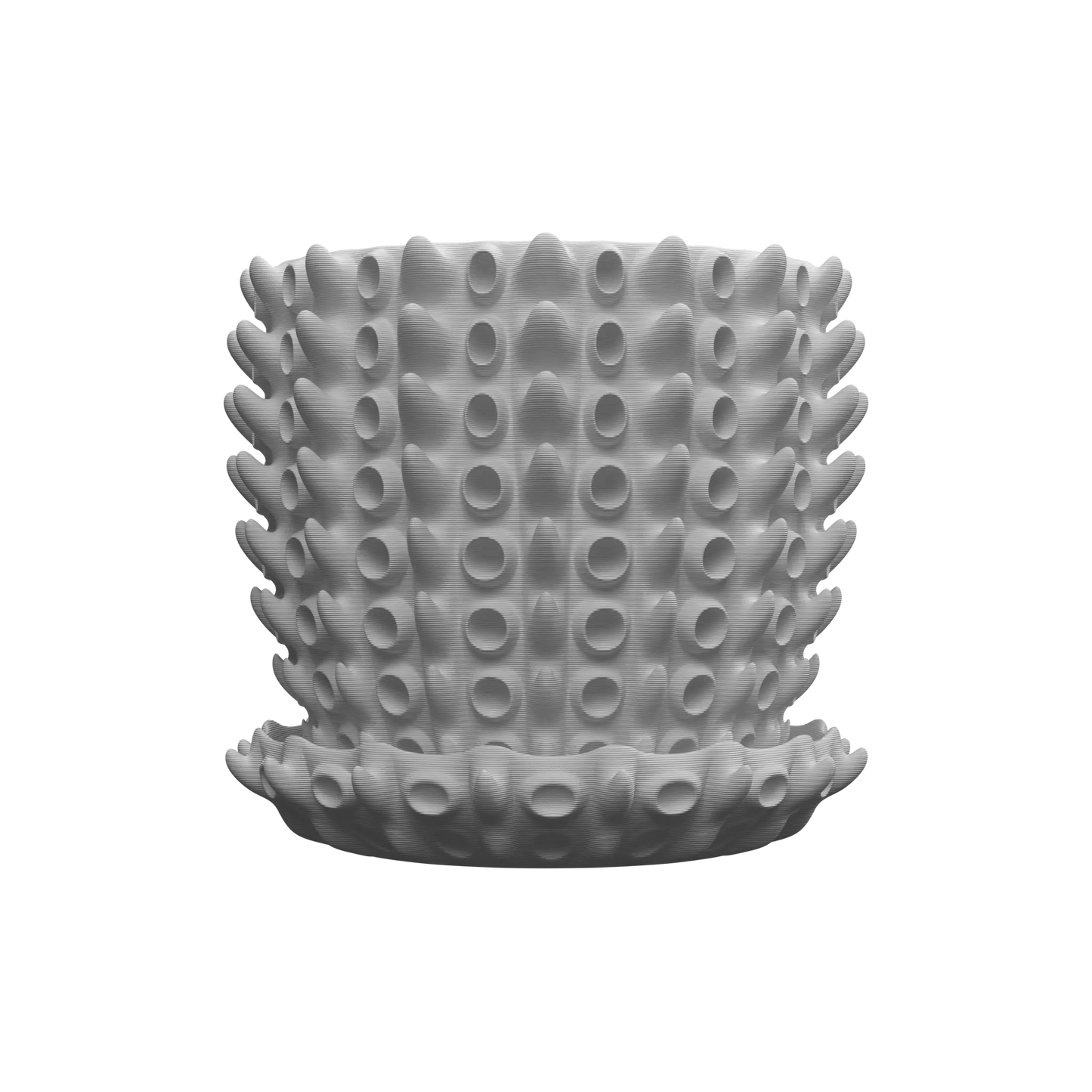 Pot décoratif blanc mat texturé avec reliefs ronds en forme de nodules sur toute la surface, de forme cylindrique avec.