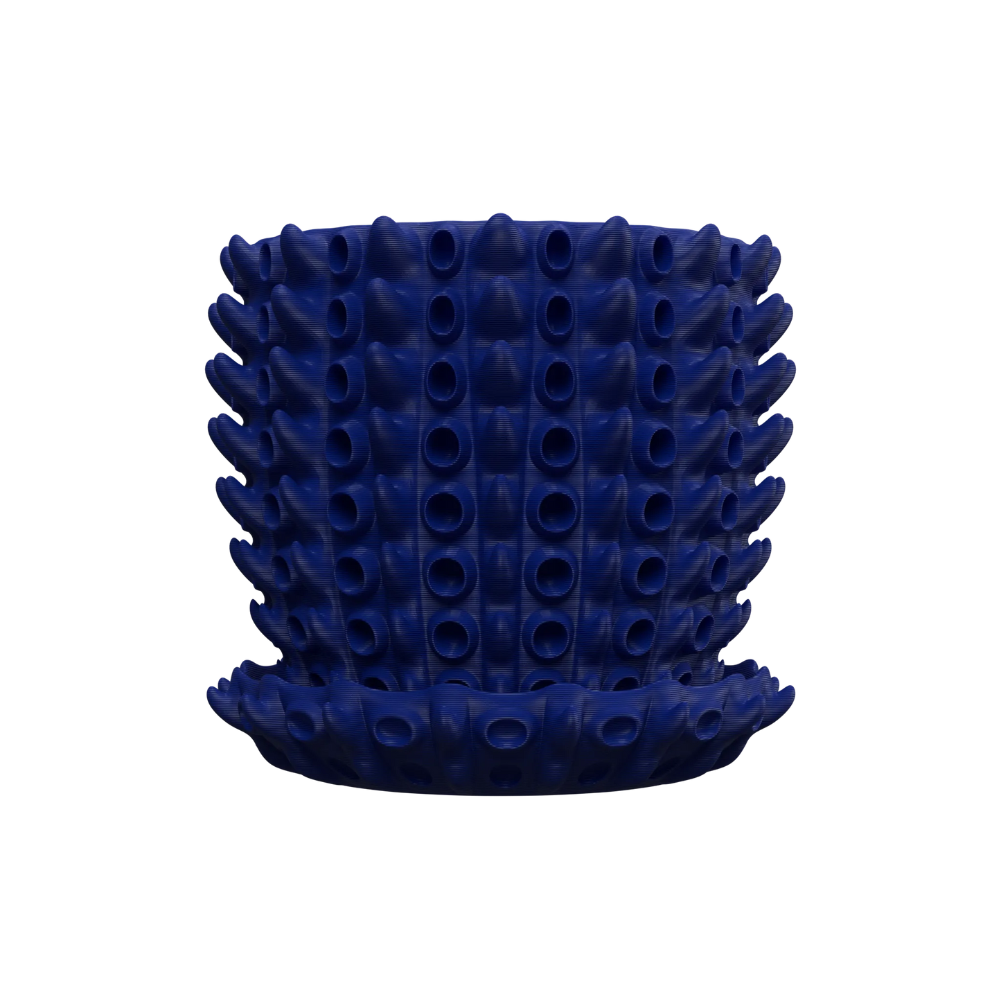 Pot décoratif bleu marine à surface texturée avec motifs tubulaires en relief et base ronde assortie.