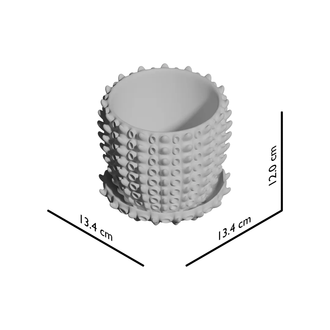 Pot décoratif moderne blanc en résine, forme cylindrique, surface texturée avec motifs ronds en relief, base légèrement.