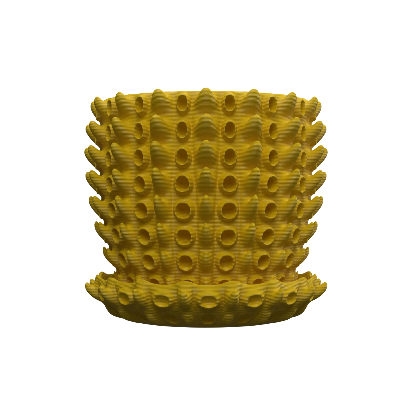 Pot décoratif rond jaune moutarde avec texture tridimensionnelle de tubercules cylindriques sur toute la surface, posé sur.