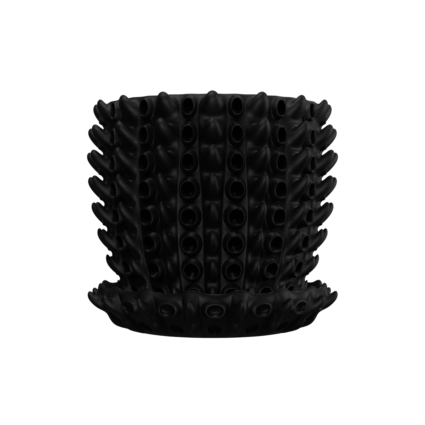 Pot décoratif noir mat en plastique moderne avec motifs en relief en forme de tubercules cylindriques, accompagné d'une.