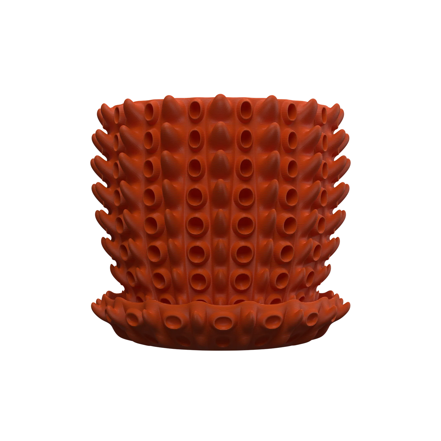 Pot décoratif orange vif en forme cylindrique, surface texturée avec motifs tubulaires en relief, style moderne et unique.