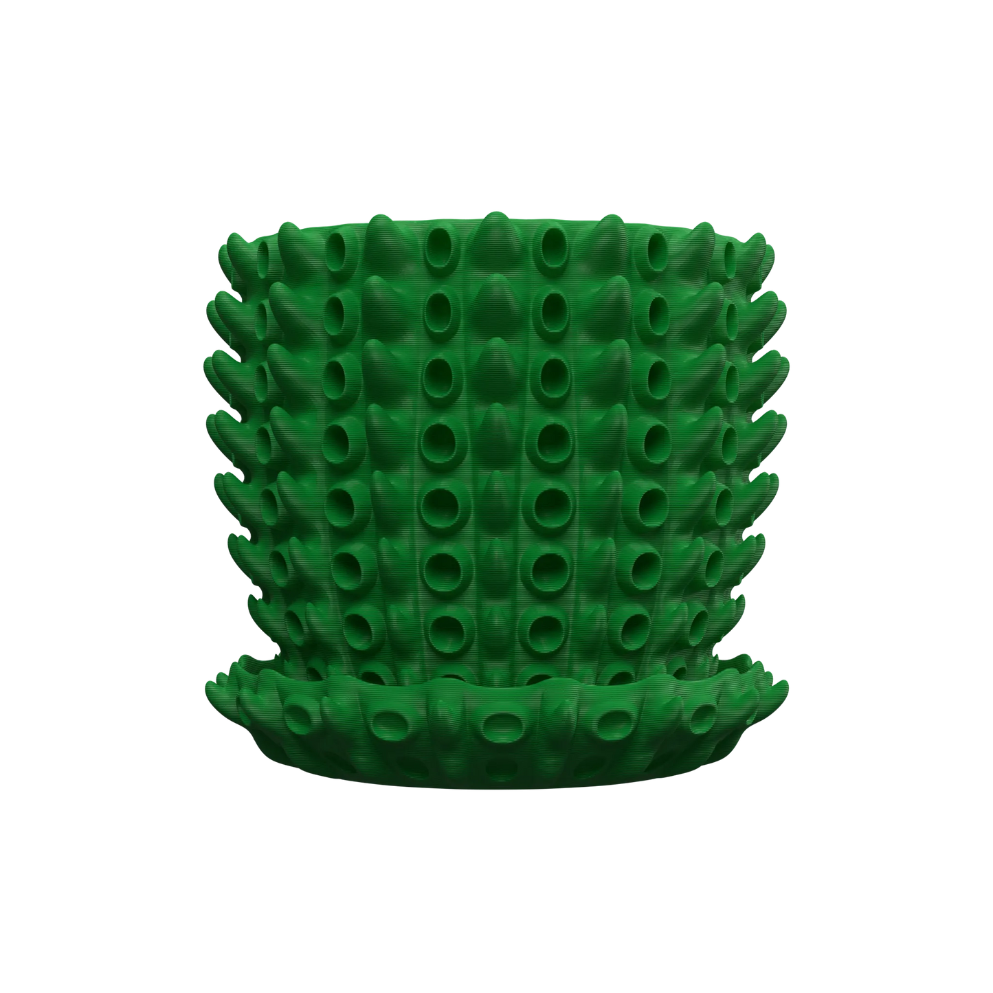 Pot décoratif vert forêt en plastique durable avec design contemporain à protubérances texturées et soucoupe assortie.