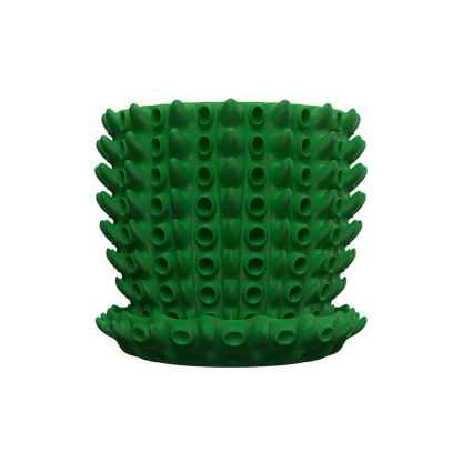 Pot décoratif vert forêt en plastique durable avec design contemporain à protubérances texturées et soucoupe assortie.