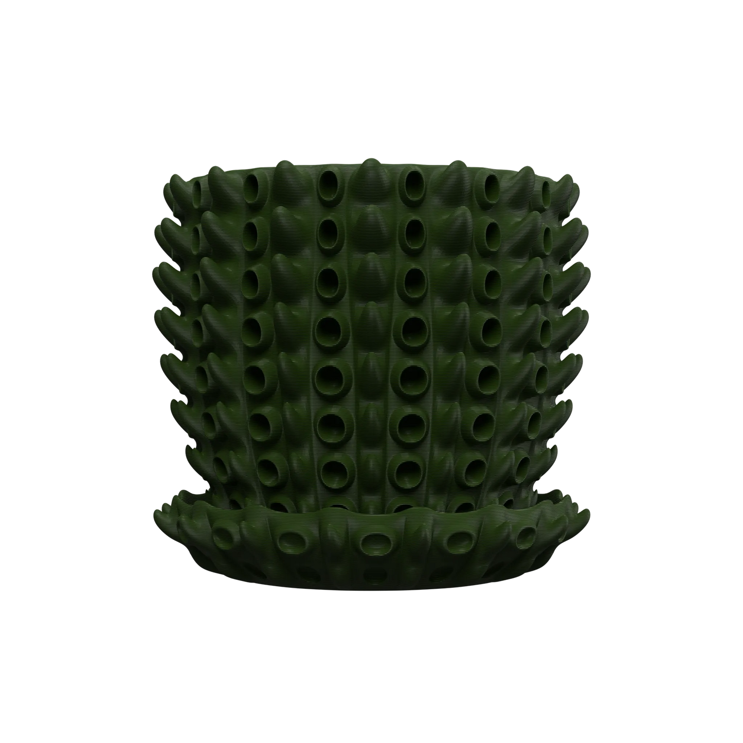 Pot décoratif vert foncé en plastique avec texture en forme de tubes creux disposés en spirale.