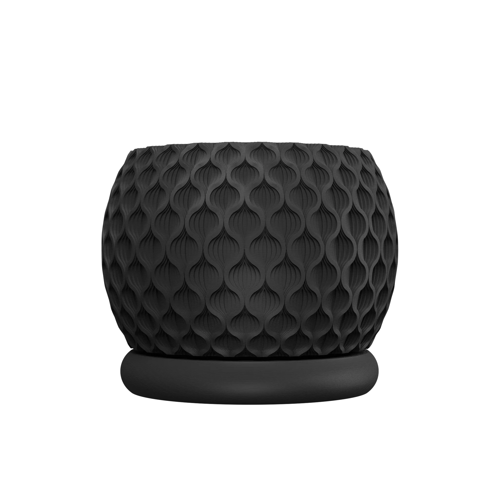 Pot décoratif rond noir mat avec texture géométrique en relief en forme d'écailles, base plate lisse.