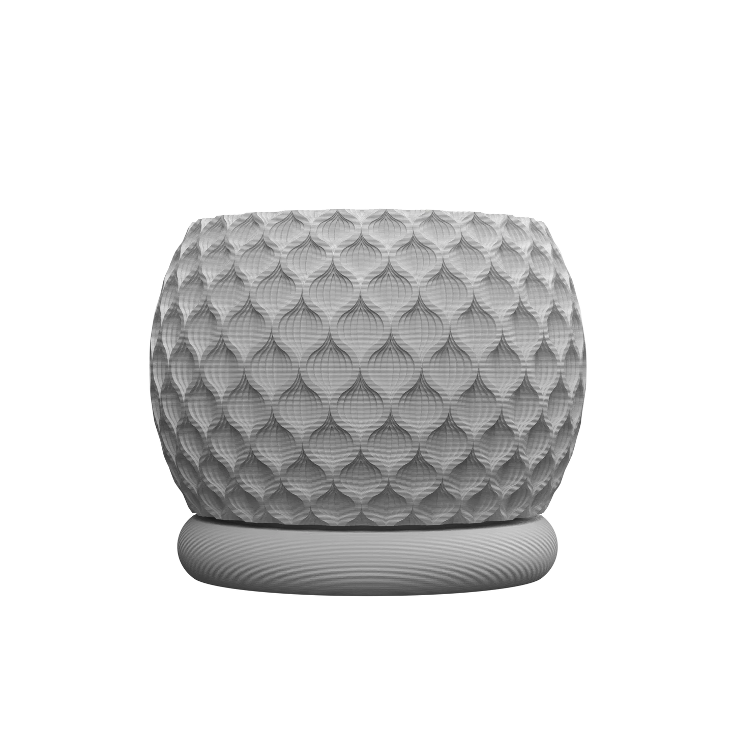 Pot décoratif gris clair avec texture géométrique en relief style coquillage, forme ronde avec base plate discrète.