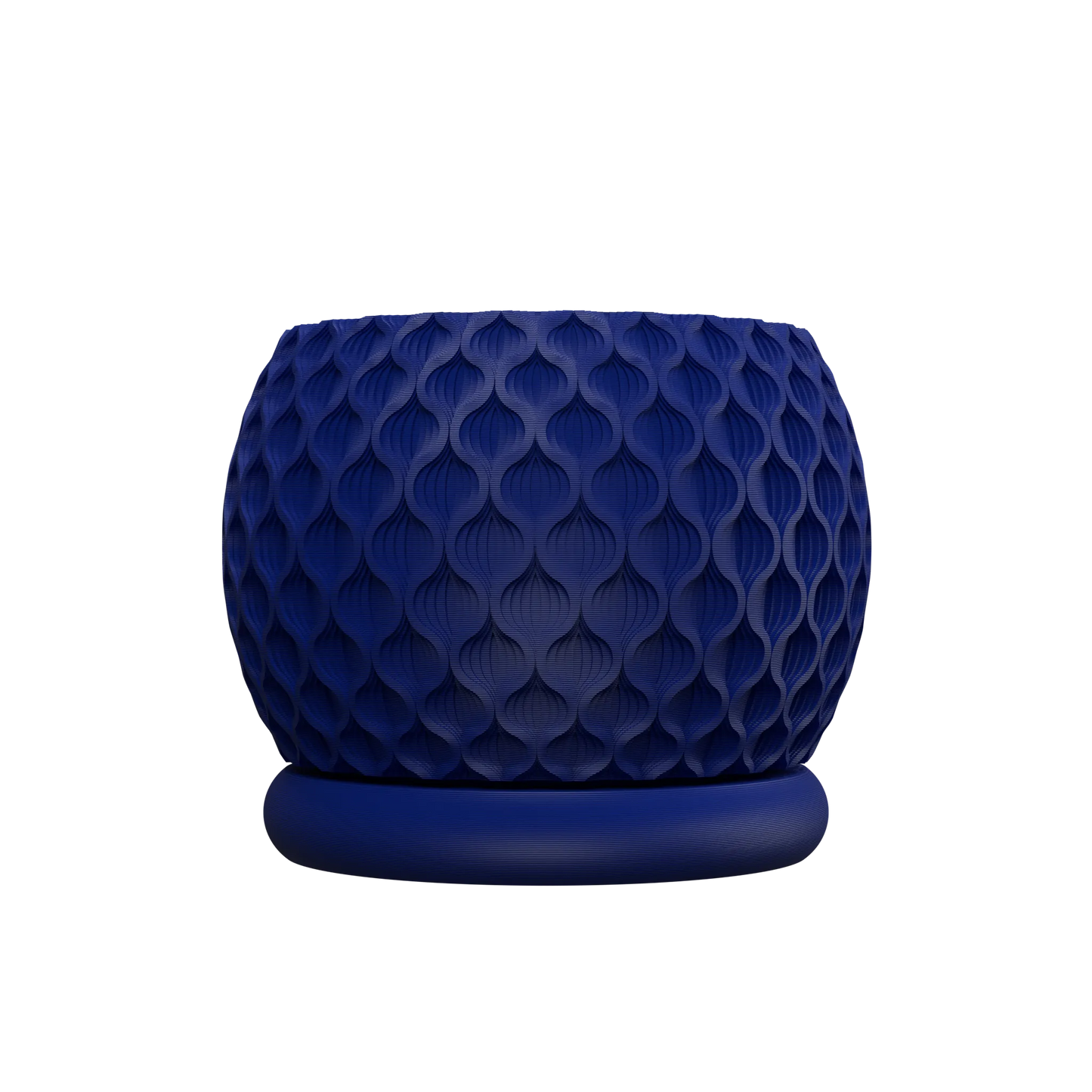 Pot décoratif moderne bleu foncé avec motif en relief en forme de cellules, base ronde plate.