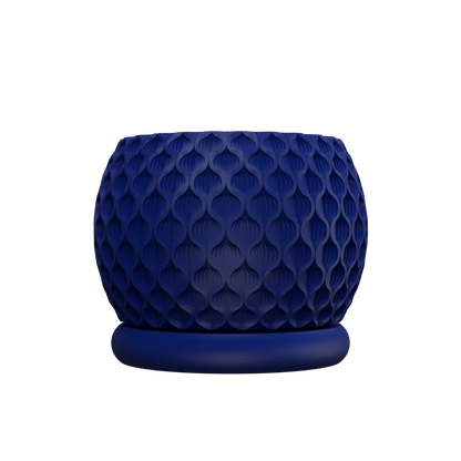 Pot décoratif moderne bleu foncé avec motif en relief en forme de cellules, base ronde plate.