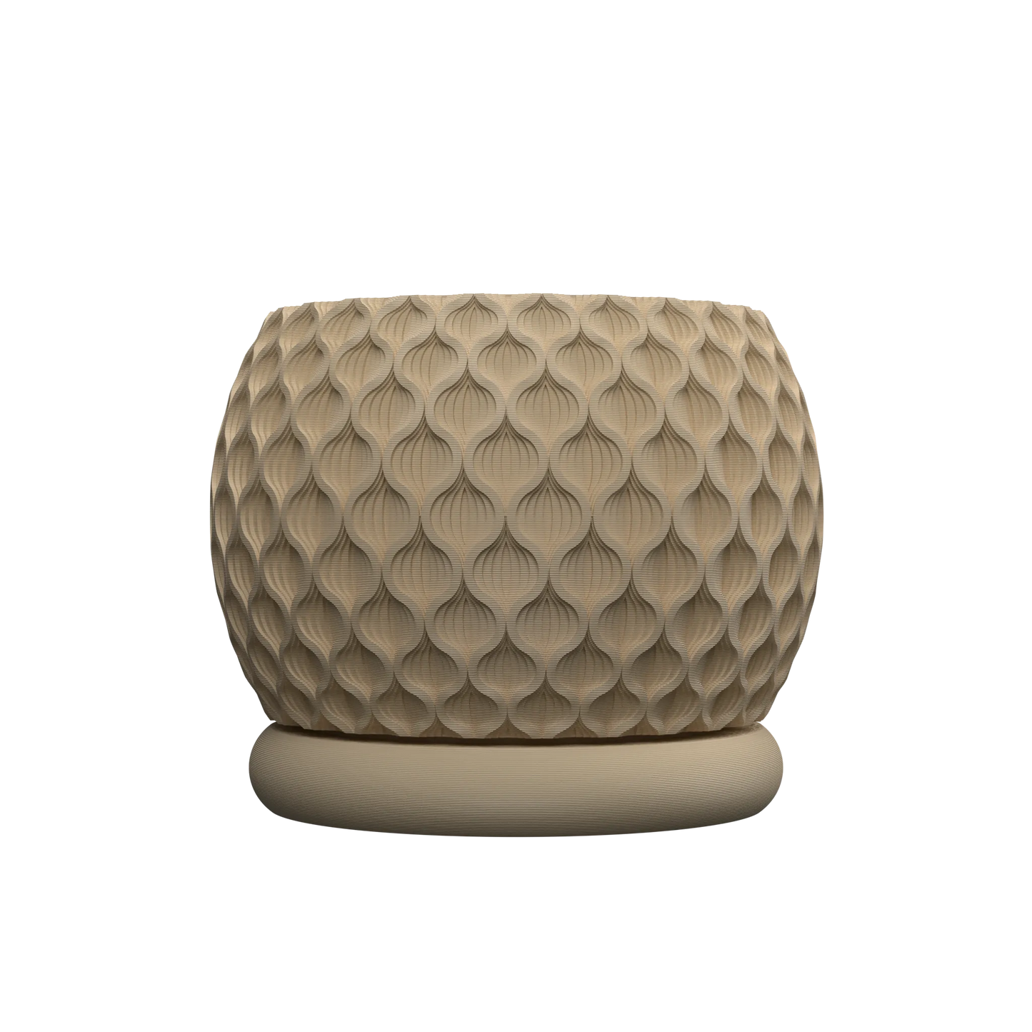 Pot décoratif rond beige avec texture en relief géométrique en forme de gouttes, base plate discrète.