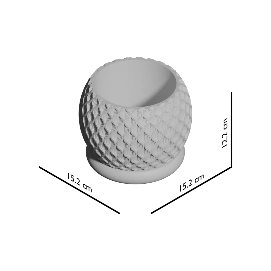 Pot décoratif gris clair avec surface texturée en forme d'écailles, base arrondie et ouverture circulaire large.