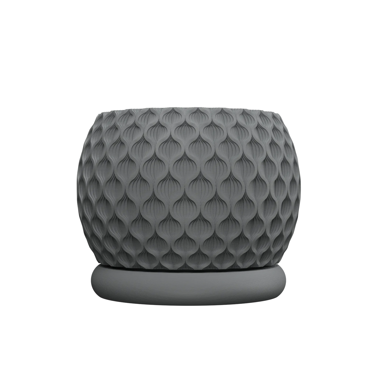 Pot décoratif rond en plastique gris avec texture géométrique de motifs en relief, socle assorti, style moderne et.