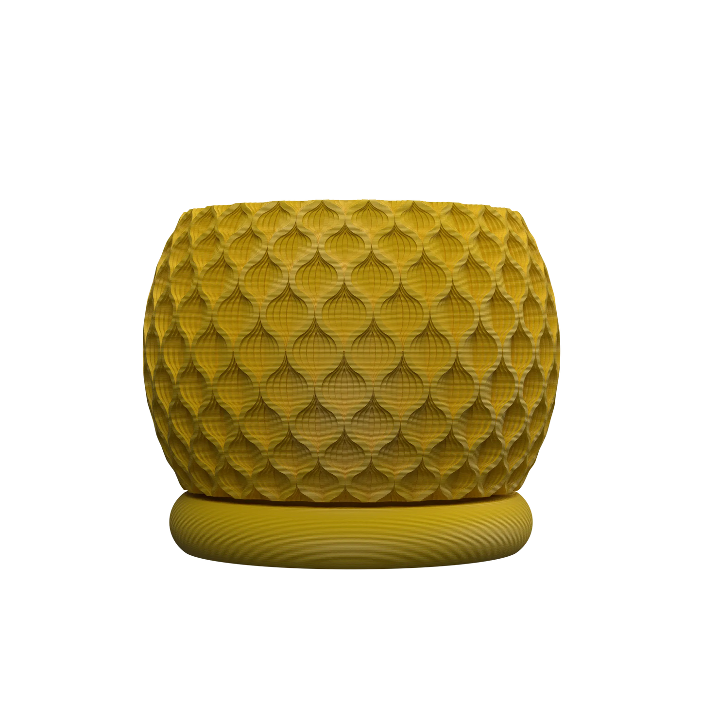 Pot décoratif rond jaune moutarde en matière mate avec surface texturée en forme de motifs géométriques en relief.