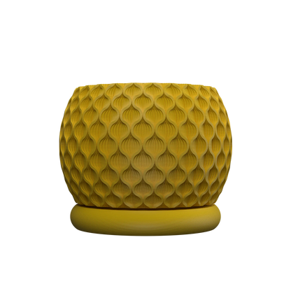 Pot décoratif rond jaune moutarde en matière mate avec surface texturée en forme de motifs géométriques en relief.