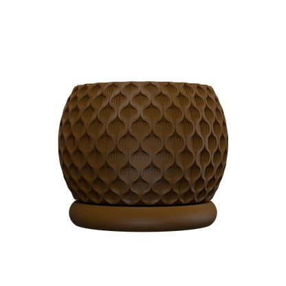 Pot décoratif marron en matériau moderne, forme arrondie avec texture en relief hexagonale, base plate circulaire.