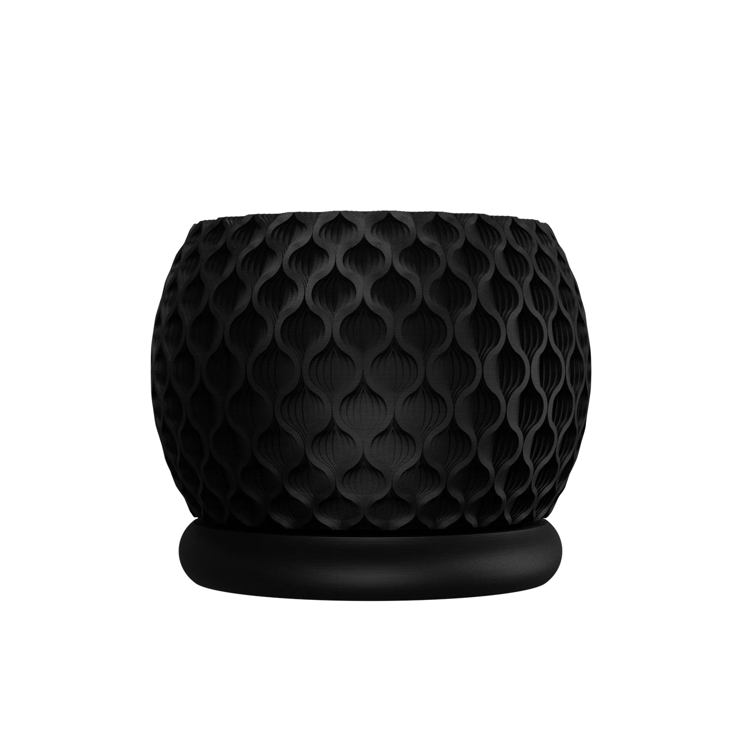 Pot décoratif noir mat avec texture alvéolée en relief, forme arrondie avec base ronde plate.