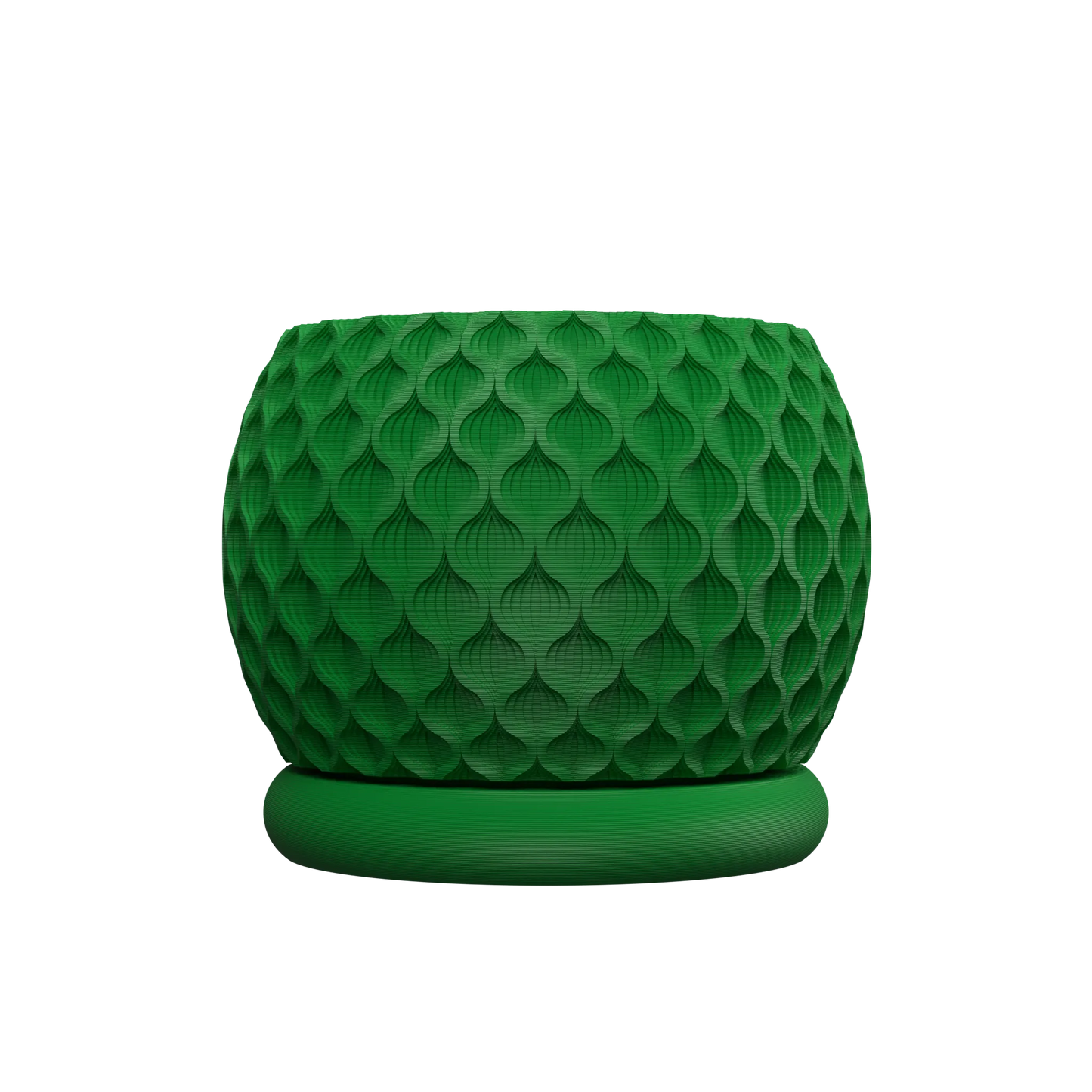 Pot décoratif vert foncé en matière texturée avec motif géométrique en relief, base ronde lisse.