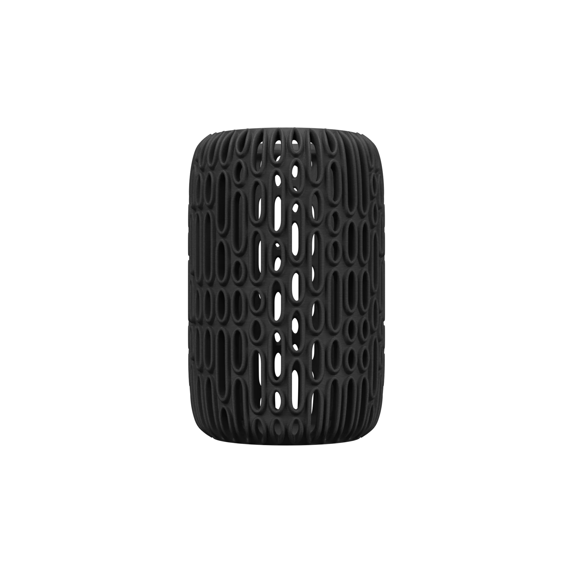 Vase moderne noir mat avec surface texturée en motifs incurvés ajourés, forme cylindrique arrondie.