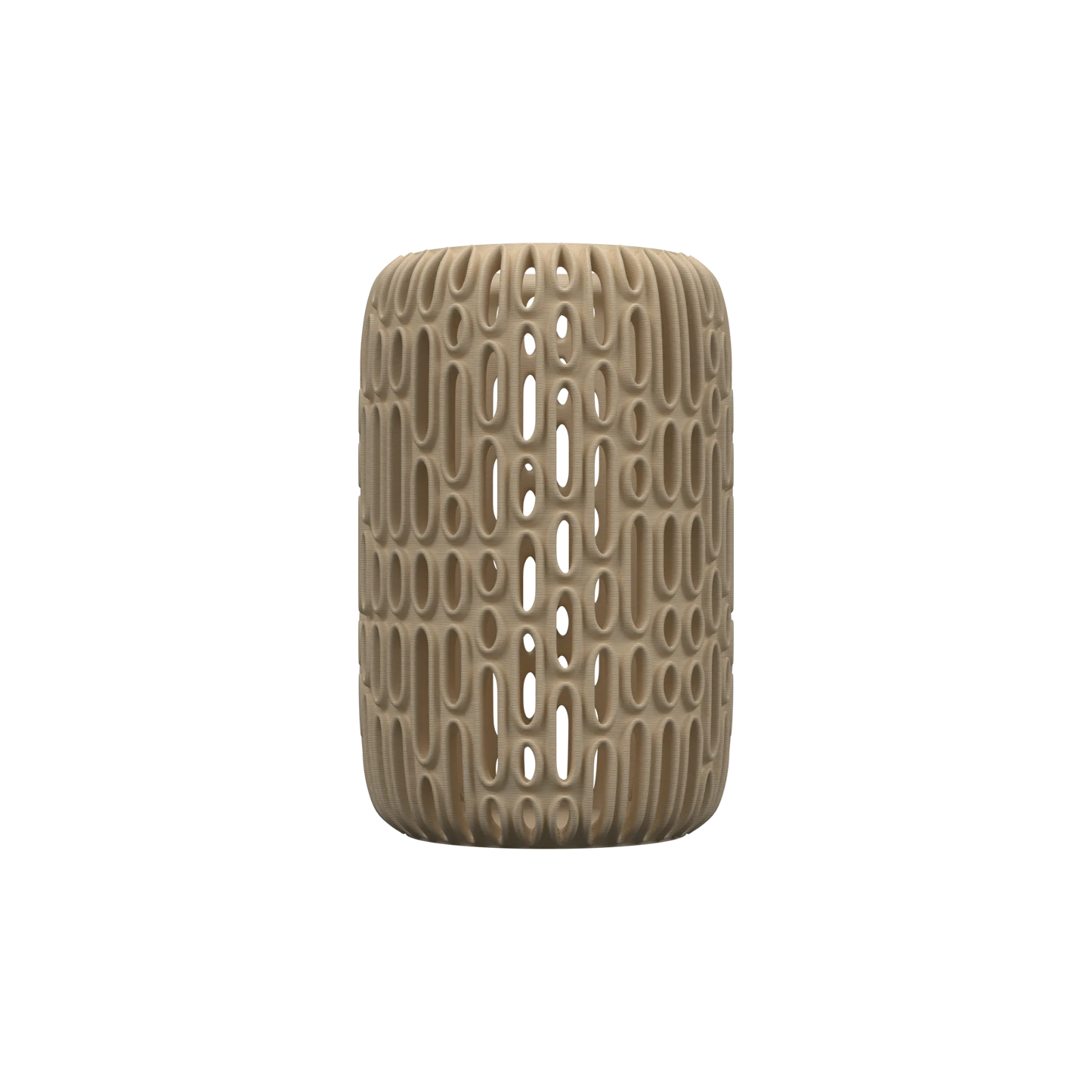 Vase rectangulaire beige mat avec surface texturée en relief rappelant des motifs organiques allongés, design moderne et.