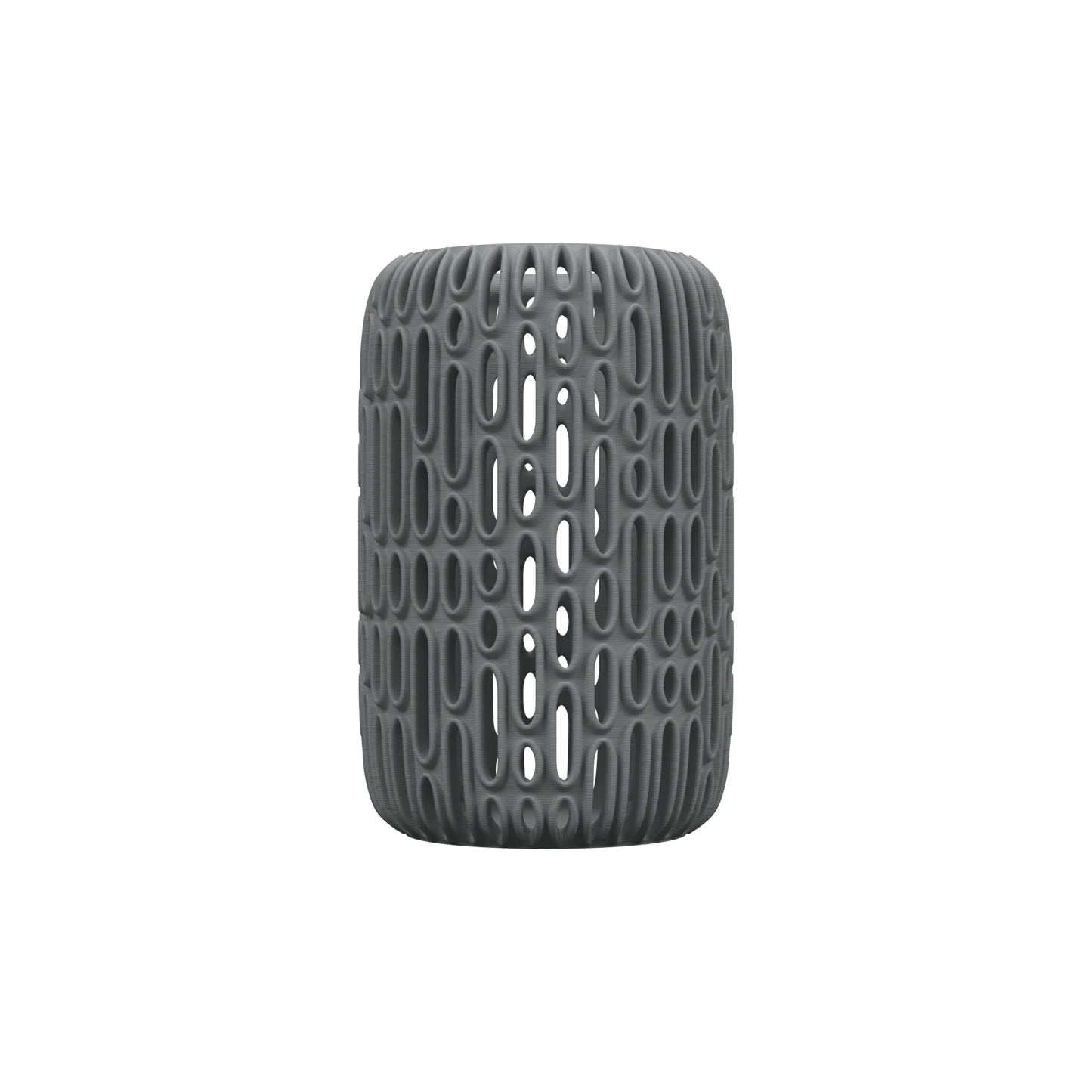 Vase gris anthracite cylindrique avec motifs creusés en forme de gouttes allongées sur toute la surface.