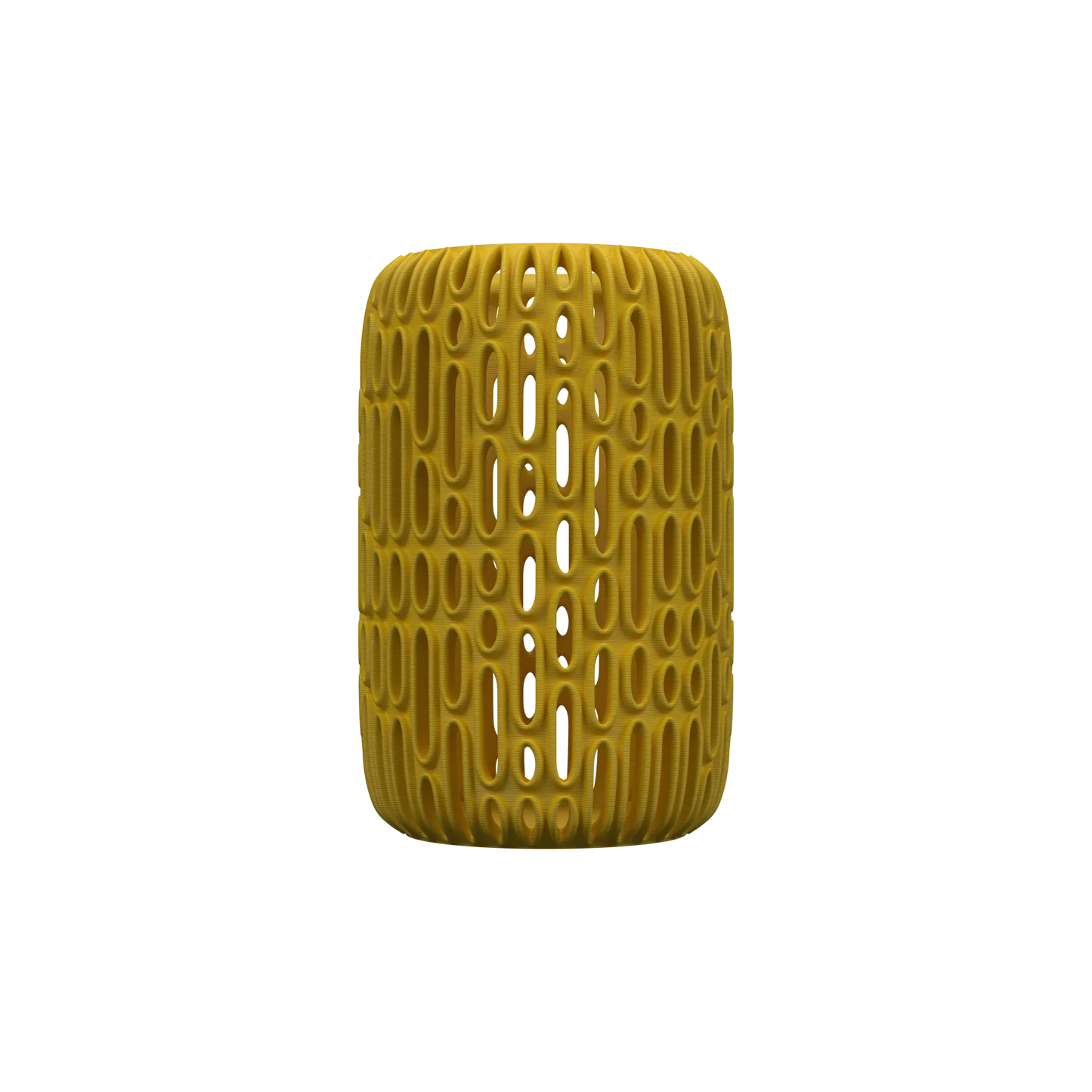 Vase moderne jaune moutarde avec motif en relief ovale allongé, forme cylindrique arrondie.