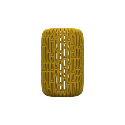 Vase moderne jaune moutarde avec motif en relief ovale allongé, forme cylindrique arrondie.