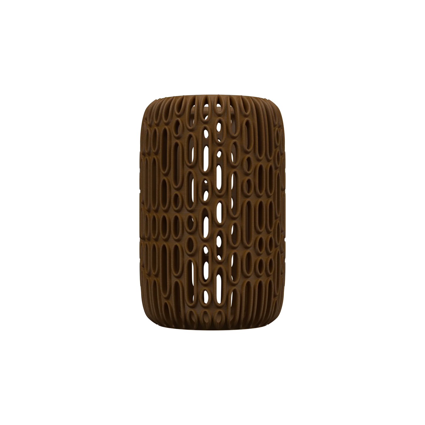 Vase marron foncé avec motif en relief ajouré, forme rectangulaire arrondie, style moderne pour fleurs séchées.