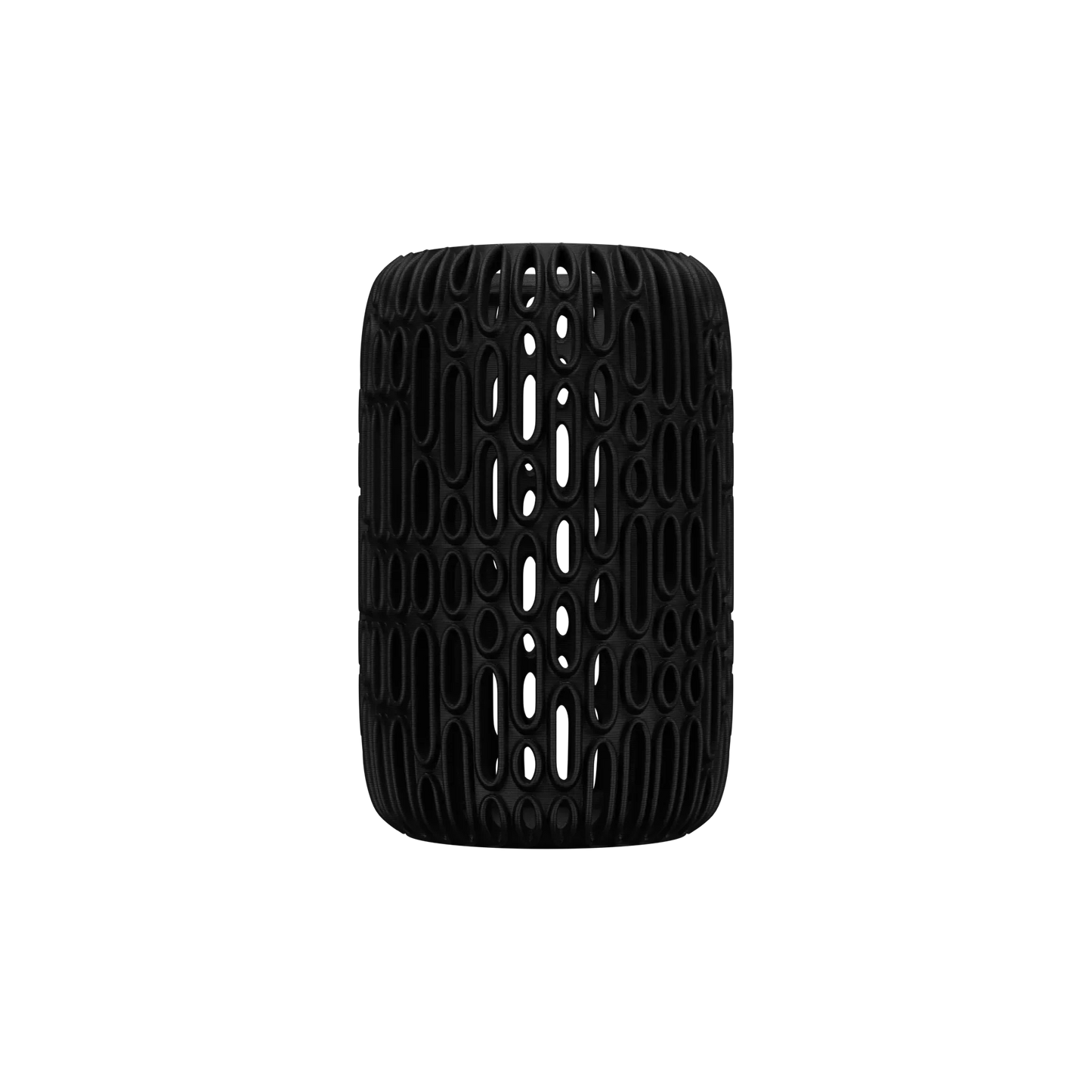 Vase noir mat au design moderne ajouré avec motifs ovales allongés, forme cylindrique arrondie.