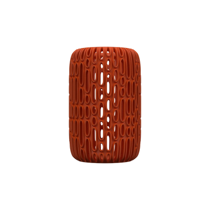 Vase cylindrique moderne couleur terracotta avec motifs en relief organiques et alvéolés, conçu pour fleurs séchées.