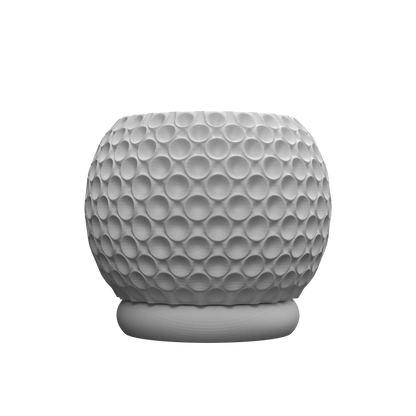 Pot décoratif gris clair avec surface texturée en relief de motifs circulaires en forme de bulles, base plate ronde.