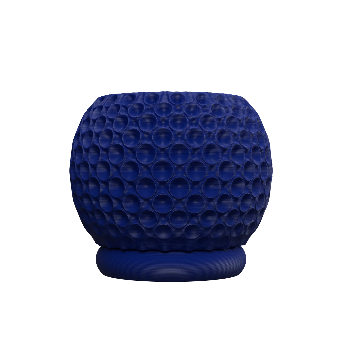 Pot décoratif rond bleu foncé avec surface texturée en relief de bulles géométriques, base plate légèrement surélevée.
